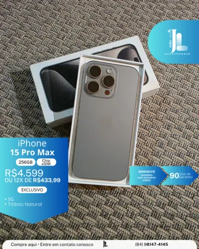 IPHONE 15 PRO MAX, 5G, 256GB, CHIP ESIM, TITÂNIO NATURAL, SEMINOVO , EXCLUSIVO!