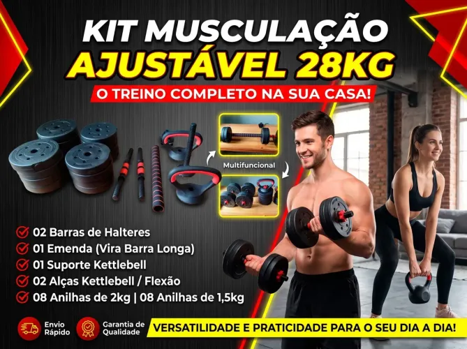Kit para Musculação Ajustável com 28kg de Anilhas