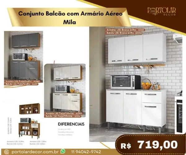 Conjunto balcão com armário aéreo Mila a pronta entrega 