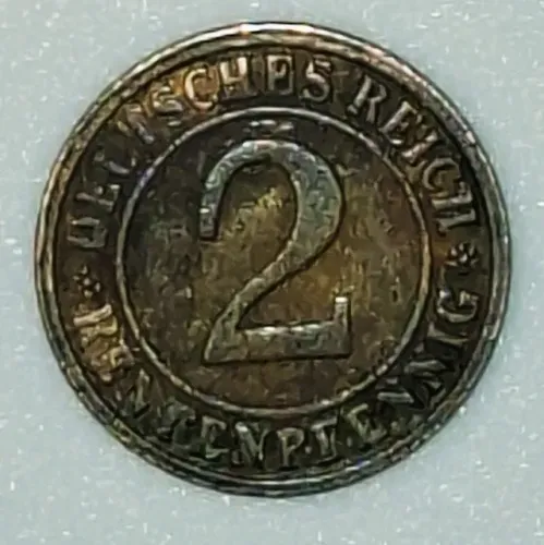 Moeda de 2 Rentenpfennig de 1923 foi emitida pela República de Weimar (Alemanha).