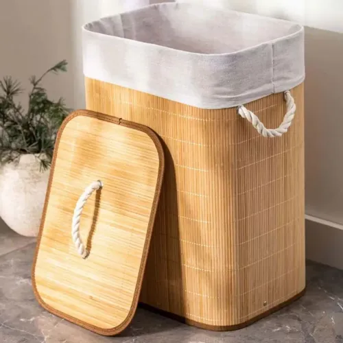Cesto de roupa suja bambu 50l com tampa e alça