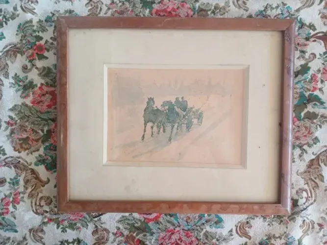  Quadro com moldura de madeira e paspatur contendo uma aquarela. Uns 20cm