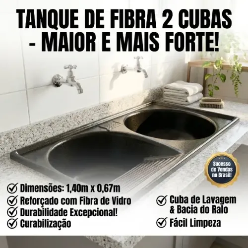 Tanque Pia de Fibra Preto 2 Cubas para Lavar Roupa 140 cm x 67 cm