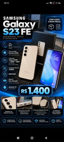Samsung S23 FE na caixa com nota fiscal
