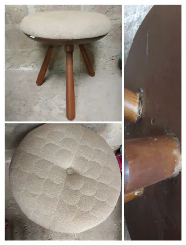Banqueta acolchoada bege 3 pés de madeira (um precisa ser pegado)