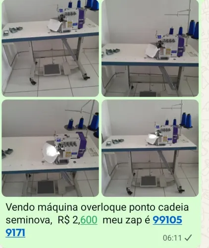 Vendo máquina de overloque ponto cadeia seminova, R$ 2,600. , meu zap é 9 *