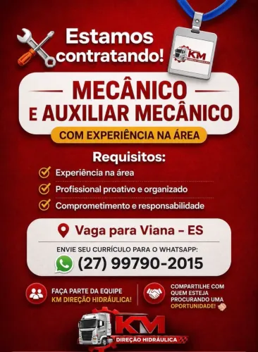 Vaga para Mecânico e Auxiliar Mecânico - Viana/ES