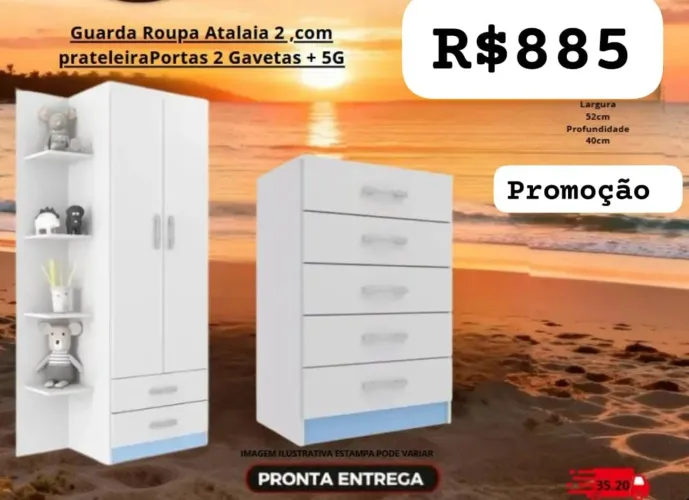 Kit Infantil Guarda Roupa 2 Portas + Cômoda 5 Gavetas 