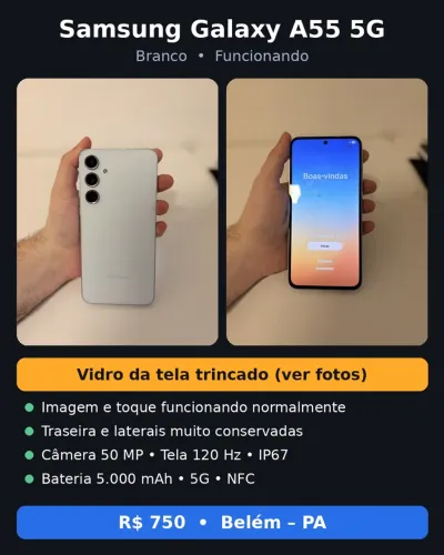 ? Samsung Galaxy A55 5G - Branco - Vidro trincado