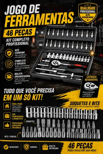 Kit de Ferramentas 46 Peças com Jogo de Soquetes, Bits e Chave Catraca