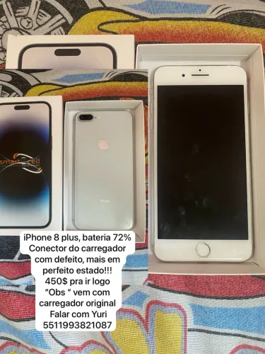 iPhone 8 plus branco em perfeito estado ?apenas com defeito no conector do carregador?