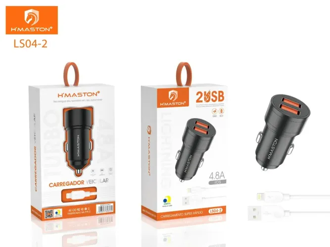 Carregador Turbo Veicular De Celular 2 Portas Usb Cabo Lightning