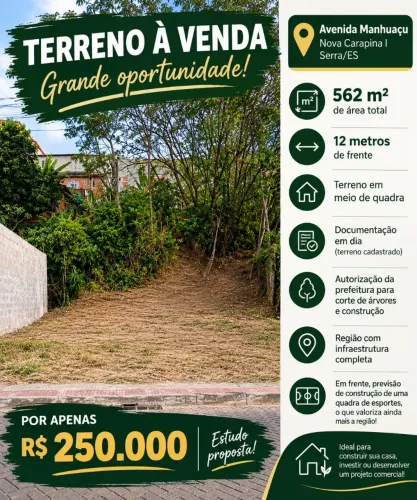 Terreno 562m² à venda na Avenida Manhuaçu - Nova Carapina I