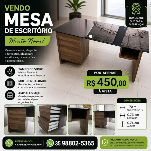 Mesa Escritorio ou Estudante Vidro Fumê