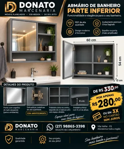 Armário de superior em MDF cinza com porta de espelho