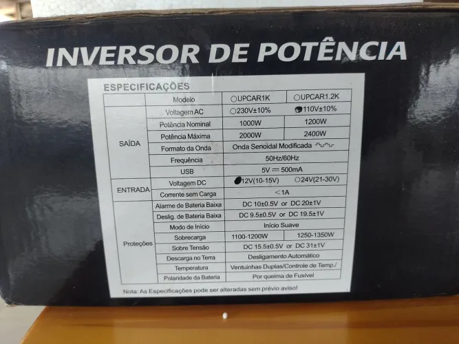 Inversor de 1200W , entrada12V e saída 110V ,marca UP, está na caixa novo nunca foi usado 