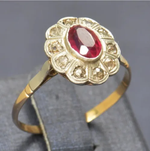 Anel ouro 14k + rubi + diamante 