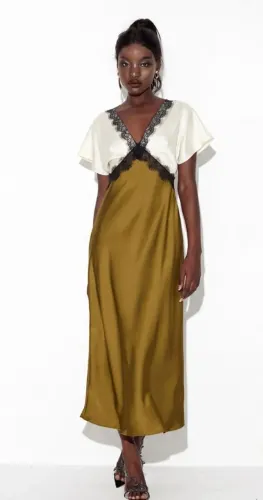 Vestido Midi Cetim Elegante com Renda - Novo Tamanho P