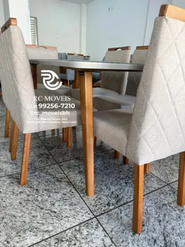 Mesa de jantar 1,70x0,90 Tampo Vidro Laqueado + 6 Cadeiras Madeira maciça