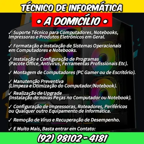 Técnico de informática - Eu Vou Até Você! Serviços de informática - Suporte de informática
