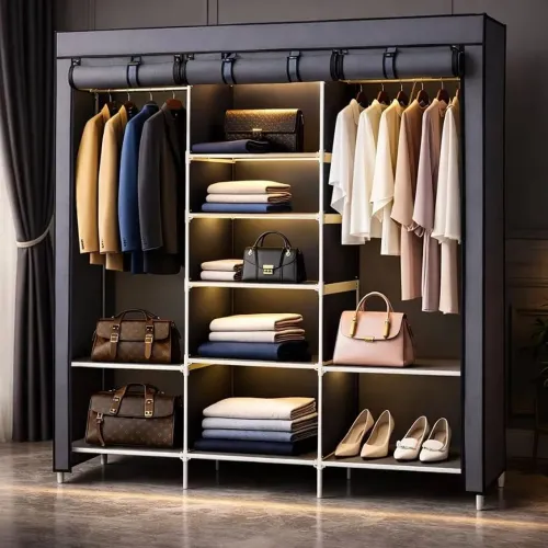 Guarda-Roupa Portátil com Cabideiro, Prateleiras e Bolsos Laterais - Na Caixa