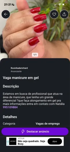 Vaga de emprego para manicure