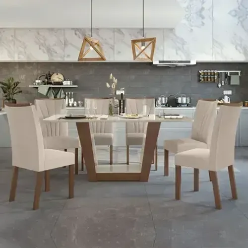 Mesa de Jantar 6 Cadeiras Com Tampo 1,70m Marrom/Bege