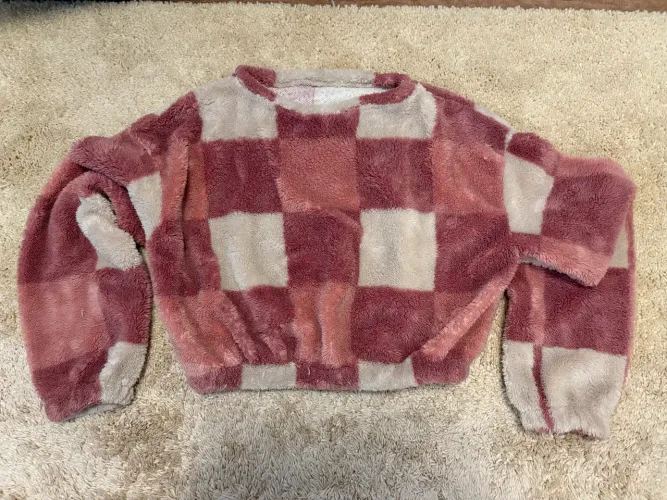 Cropped teddy xadrez rosa e nude 