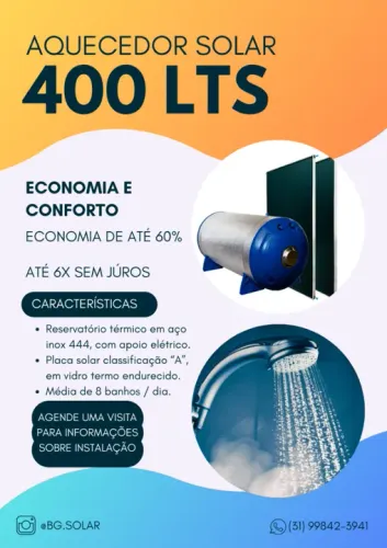 AQUECEDOR SOLAR 400L - ATÉ 12X