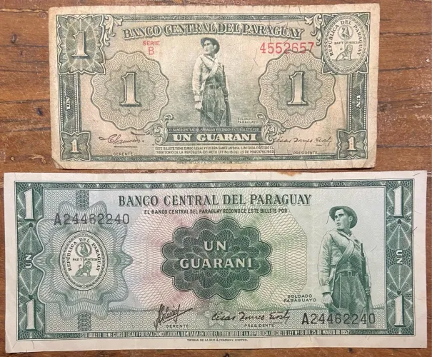 Par de cédulas antigas do Paraguai 1 Guarani 