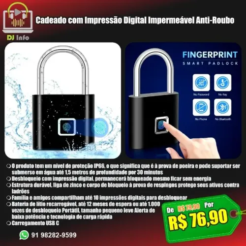 Cadeado com Impressão Digital Impermeável Anti-Roubo