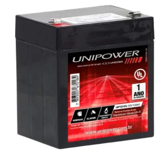 Bateria Selada p Nobreak UP1245 12V/4,5A Unipower - NOVO Alarmes Cerca Elétrica Luz de Eme