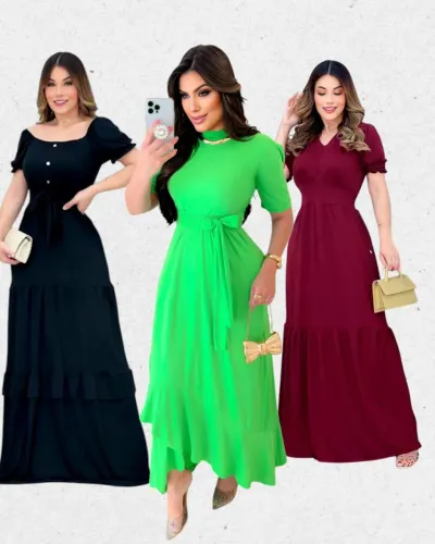 Kit 2 vestidos Longos Malha Suede Liso Várias cores disponíveis