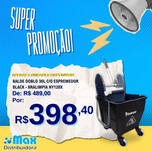 Balde Doblo 30 Bralimpia Com Rodas e Espremedor Conjunto Profissional Cor Preto Promoção