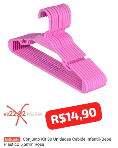 Cabides Infantis/Bebê Rosa - Kit com 30 Unidades