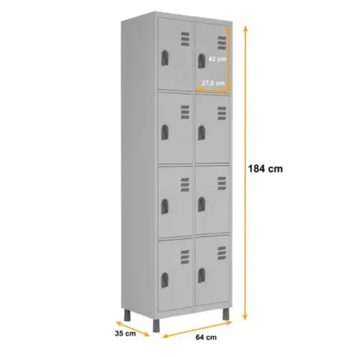 Roupeiro de Aço c 08 Portas PEQUENAS - 1,84×0,64×0,35m