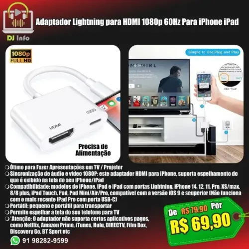 Adaptador Lightning para HDMI para iPhonee iPad 1080p 60Hz