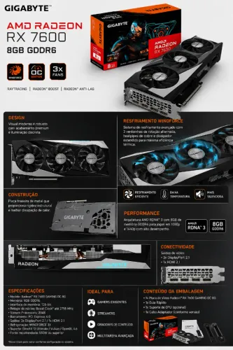 Placa de Vídeo Gigabyte AMD Radeon RX 7600 Gaming OC 8GB