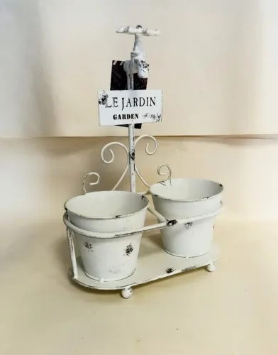 Suporte Para 2 Vasos Decorativo Em Metal pintura Branco Off/White  Modelo le Jardin 