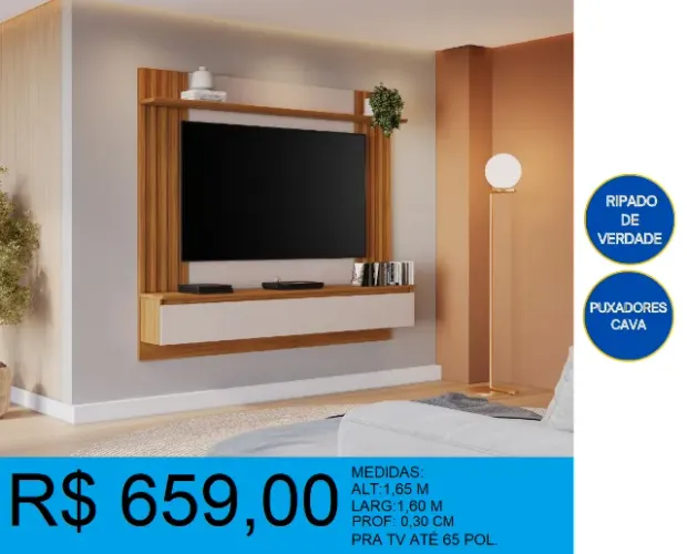 Painel com detalhes ripado pra tv de até 65 pol. - a pronta entrega