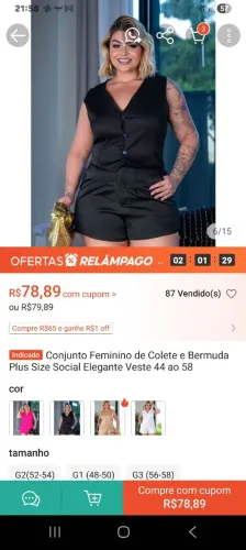 Conjunto alfaiataria plus size short e colete preto elegante serve 48 50