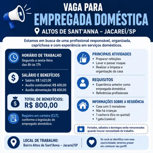 Vaga para Serviços domésticos em casa de família 