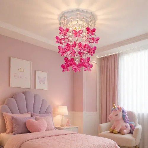 Luminária para Quarto Infantil Feminino Lustre Quartinho de Bebê Tema Borboletas Rosa