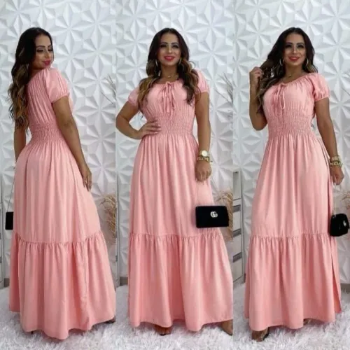 Vestido Longo Com Elástico na cintura Feminino Midi Elegante