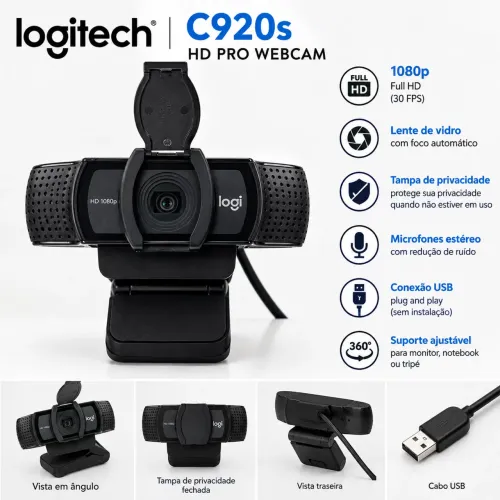 Webcam Logitech C920s HD Pro Full HD 1080p com Tampa de Privacidade