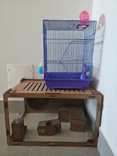 Uma gaiola e um terrário de hamster com acessórios