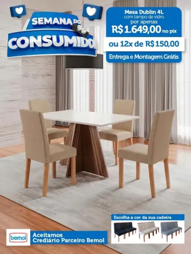 Mesa 4 lugares com cadeiras R$1649,00