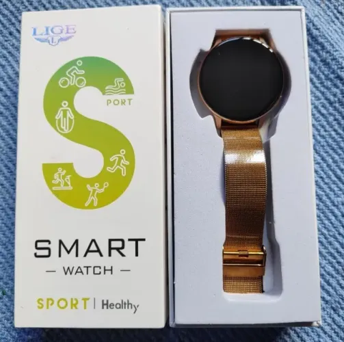 Smartwatch feminino LIGE Sport com pulseira metálica dourada estilo milanês