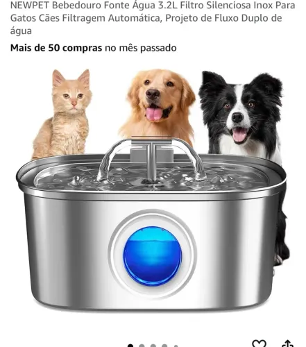 Bebedouro filtrado inox silencioso para gato e cachorro