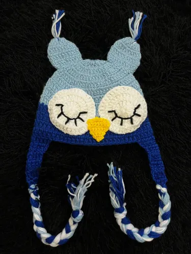 Gorro Coruja Azul em Crochê Lã Touca Infantil
